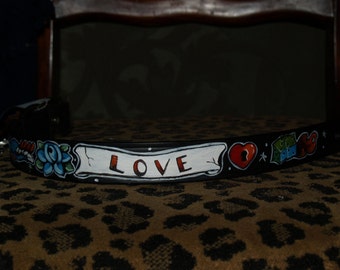 Tattoo Leather dog collar skull dice rose swallow SMALL handpainted