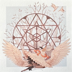 May include: A watercolour illustration depicts a winged figure with outstretched wings, a geometric design, and two birds in flight. The colour palette uses shades of brown, beige, and white, creating a soft, ethereal aesthetic.