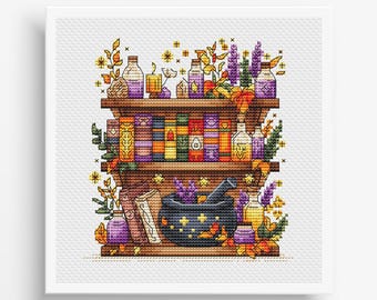 Puede incluir: Un diseño de punto de cruz de una estantería de madera llena de libros, botellas y velas de colores. Las estanterías están adornadas con lavanda, hojas de otoño y un mortero y una maja. La paleta de colores incluye tonos de morado, naranja, amarillo y marrón.