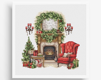 Christmas Cross Stitch Pattern PDF, Merry Christmas Counted Cross Stitch, Christmas Fireplace Embroidery, New Year Decor Design Digital PDF