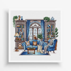 May include: A cross-stitch of a cozy living room scene. The room features a blue sofa, armchair, and rug, with bookshelves on either side of a large arched window. An owl sits on the windowsill, and a small table is in front of the sofa.