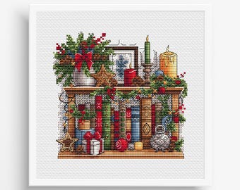 Christmas Bookshelf Cross Stitch Pattern PDF, Merry Christmas Embroidery, Christmas Counted Cross Stitch, New Year Decor Design Digital PDF