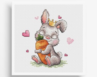 Patrón de punto de cruz de conejito de Pascua: conejo, zanahoria, corazón y corona (descarga instantánea en PDF)