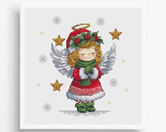 Christmas Angel Cross Stitch Pattern PDF, Merry Christmas Angel Cross Stitch, Christmas Embroidery, Santa hat Pattern Digital File PDF