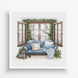 Winter Cross Stitch Pattern PDF, Interior Embroidery PDF, Winter sofa Embroidery PDF, Winter window cross stitch, Bedroom decor