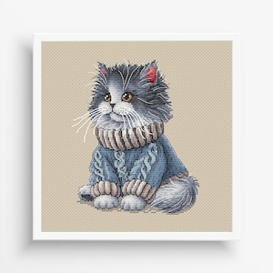 Cat Cross Stitch Pattern, Instant Download PDF Digital File, Kitty Cat in Sweater Counted Cross Stitch, Funny Winter Kitten Hand Embroidery