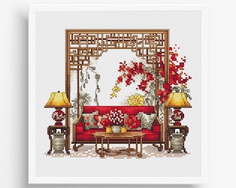 Chinese Cross Stitch Pattern, Chinese Embroidery, Chinese decor Cross Stitch, Asian Vintage Embroidery PDF Digital File Instant Download