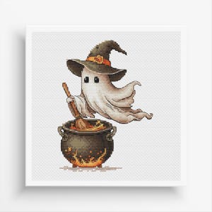 May include: A cross-stitch design featuring a cartoon ghost wearing a witch hat, stirring a bubbling cauldron with a wooden spoon. The ghost is white, the hat is black, and the cauldron is dark gray. The design has a Halloween theme.