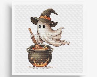 Geist mit Kessel Kreuzstich Muster, süße Stickerei PDF, Hexerei, Hexenhut, Trank, Horror Halloween Dekor Sofort Download