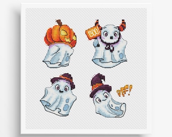 Ghosts Cross Stitch Pattern Halloween, Ghosts with Pumpkin PDF, Cute Pumpkin, Halloween Ghost Decor PDF Instant Download, Halloween Design