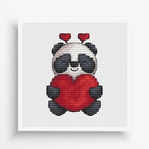 Patrón de punto de cruz de San Valentín en PDF, punto de cruz de San Valentín, diseño de bordado de panda, archivo digital de punto de cruz pequeño, descarga instantánea