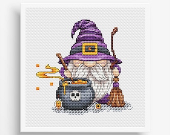 Schema punto croce gnomo, ricamo gnomo carino PDF, punto croce di Halloween PDF, download decorazioni per la casa di Halloween, schemi croce horror PDF