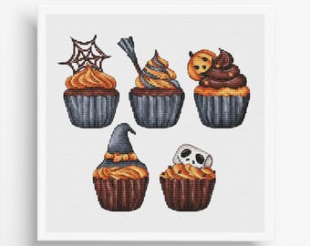 Patrón de punto de cruz de cupcakes de Halloween: bordado de postre espeluznante (PDF)