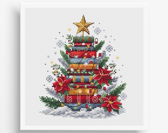 May include: A cross-stitch design of a Christmas tree made of stacked books. The tree is decorated with red poinsettias, green garland, and a gold star on top. A string of lights wraps around the books, and snowflakes are scattered around the tree.