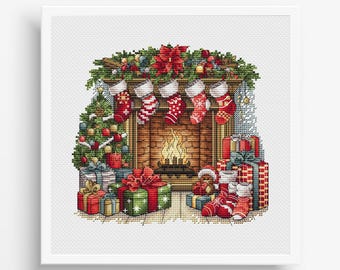 Christmas Cross Stitch Pattern PDF, Merry Christmas Counted Cross Stitch, Christmas Fireplace Embroidery, New Year Decor Design Digital PDF