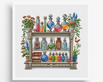 May include: Cross-stitch design depicting a wooden shelf laden with colourful potion bottles, books, and potted plants. The bottles are of various sizes and shapes, containing liquids in red, blue, green, and orange hues. A butterfly and mushrooms add decorative touches.