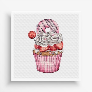 Cupcakes Kreuzstich Stickmuster PDF, süßer Cupcake Kreuzstichmuster, Erdbeer Cupcake Stickdatei, Küchendeko, Stickdatei sofort download