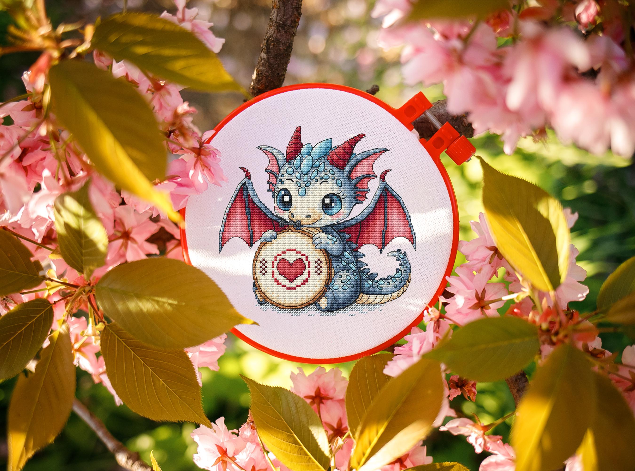 Dragon Cross Stitch Pattern Fantasy, Hoops for Embroidery, Heart (PDF