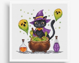 Halloween Cat Cross Stitch Pattern: Magician, Ghost, Potion, Witch hat (PDF Digital File)