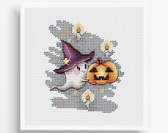 Ghost Cross Stitch Pattern, Ghost with Pumpkin PDF, Pumpkin Counted Cross stitch, Halloween Holiday Embroidery Decor Instant Download