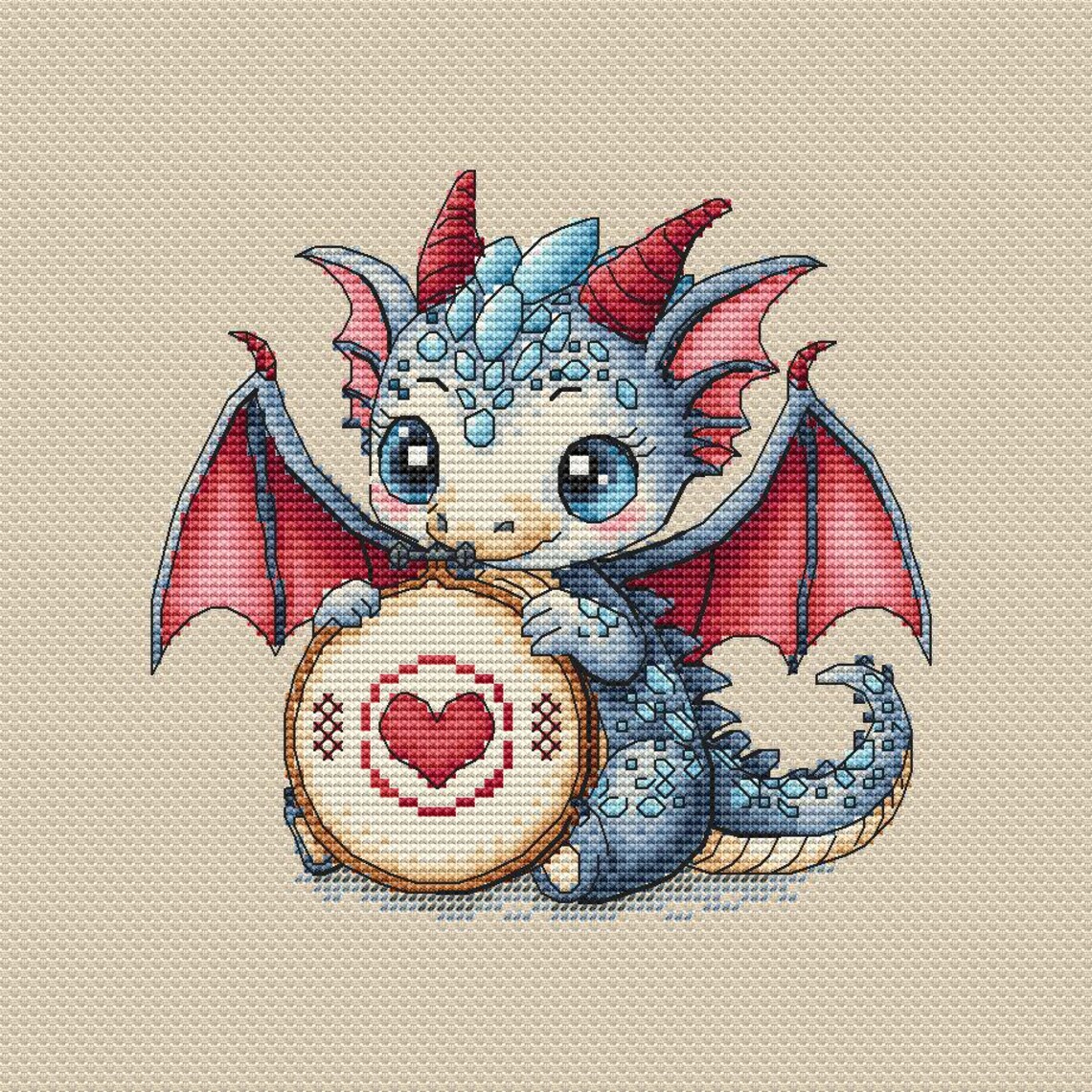 Dragon Cross Stitch Pattern Fantasy, Hoops for Embroidery, Heart (PDF