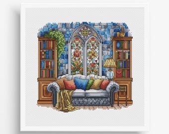 Vintage Cross Stitch Pattern PDF, Flowers Counted Cross Stitch, Spring Cross Stitch, Vintage Window Embroidery Digital File Instant Download