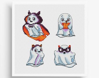 Ghosts Cross Stitch Pattern Halloween, Ghosts with Pumpkin PDF, Cute Pumpkin, Halloween Ghost Decor PDF Instant Download, Halloween Design