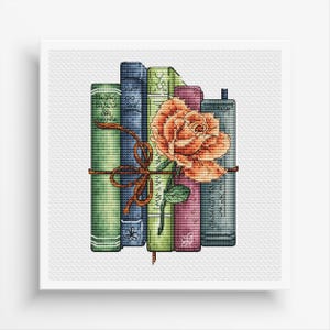 Books Cross Stitch Pattern PDF, Rose Counted Cross Stitch, Old Books Cross Stitch, Vintage Book Embroidery Digital File Instant Download