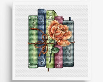 Books Cross Stitch Pattern PDF, Rose Counted Cross Stitch, Old Books Cross Stitch, Vintage Book Embroidery Digital File Instant Download