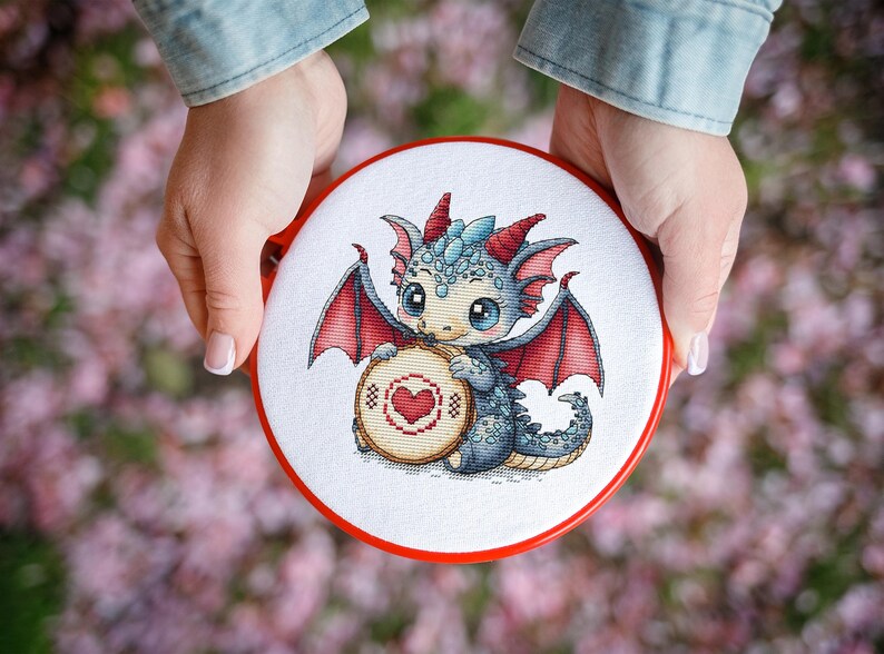 Dragon Cross Stitch Pattern Fantasy, Hoops for Embroidery, Heart (PDF