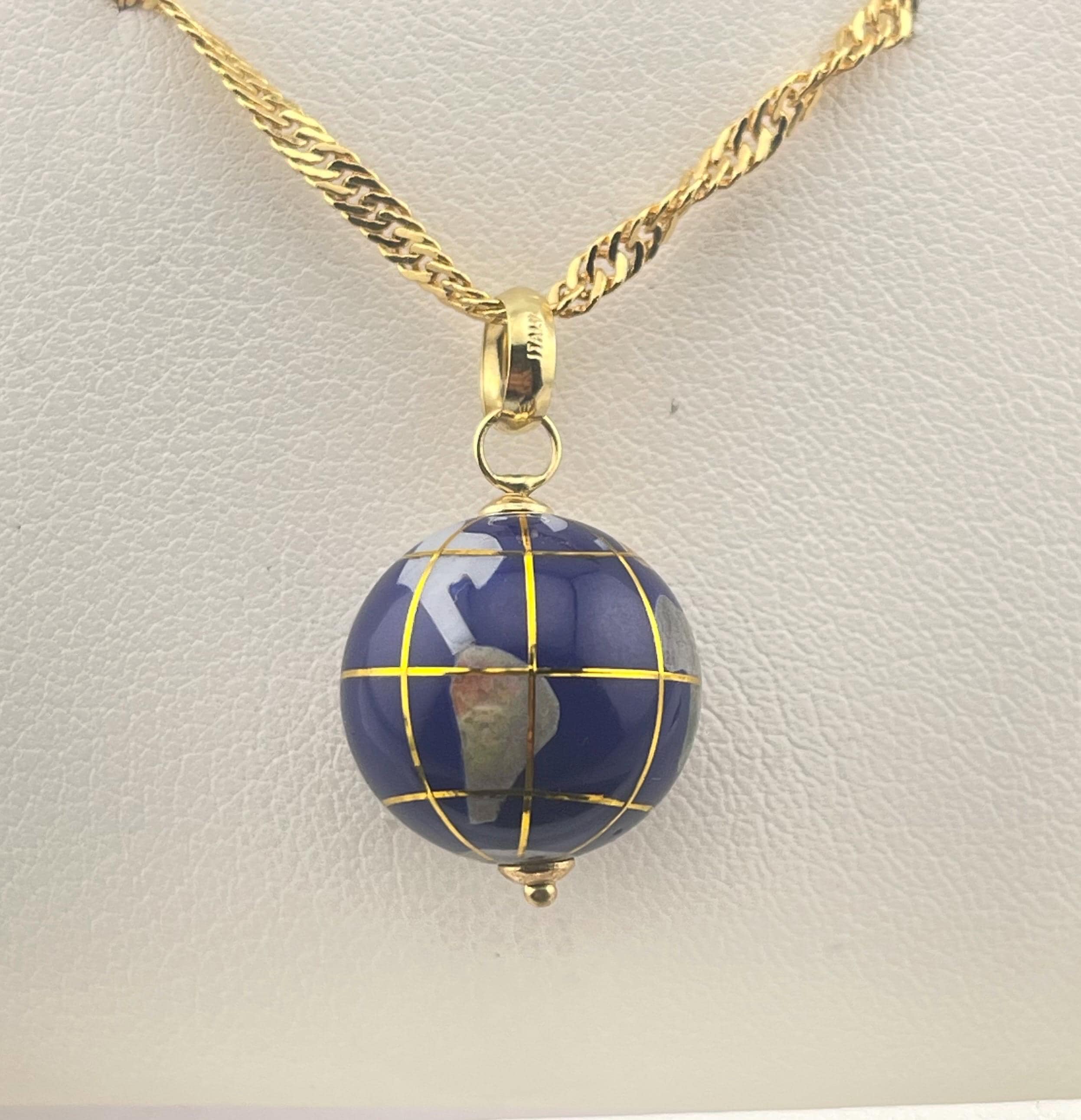 14K Gold Blue Enamel Globe Pendant Charm World Earth Travel Charm Vintage