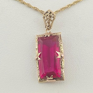 Vintage 10K Gold 8 Ct Ruby Pendant Emerald Cut Estate Jewelry Art Deco Style