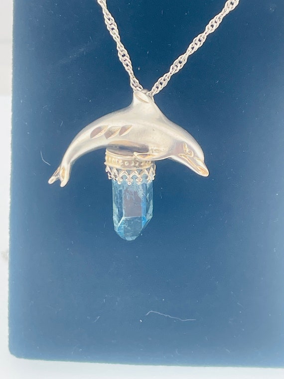 Vintage topaz, crystal dolphin pendant with chain 