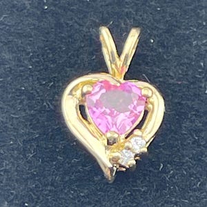 Vintage heart pink, sapphire and diamond pendant, 10 karat yellow gold