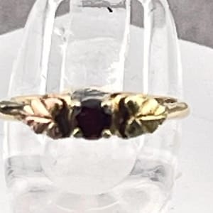May include: A gold ring with a dark red center stone, flanked by gold, rose, and green leaf accents. The ring is set against a clear background, highlighting its intricate design and color variations.