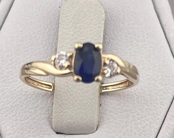 Vintage simulated, sapphire and diamond ring 10 karat yellow gold