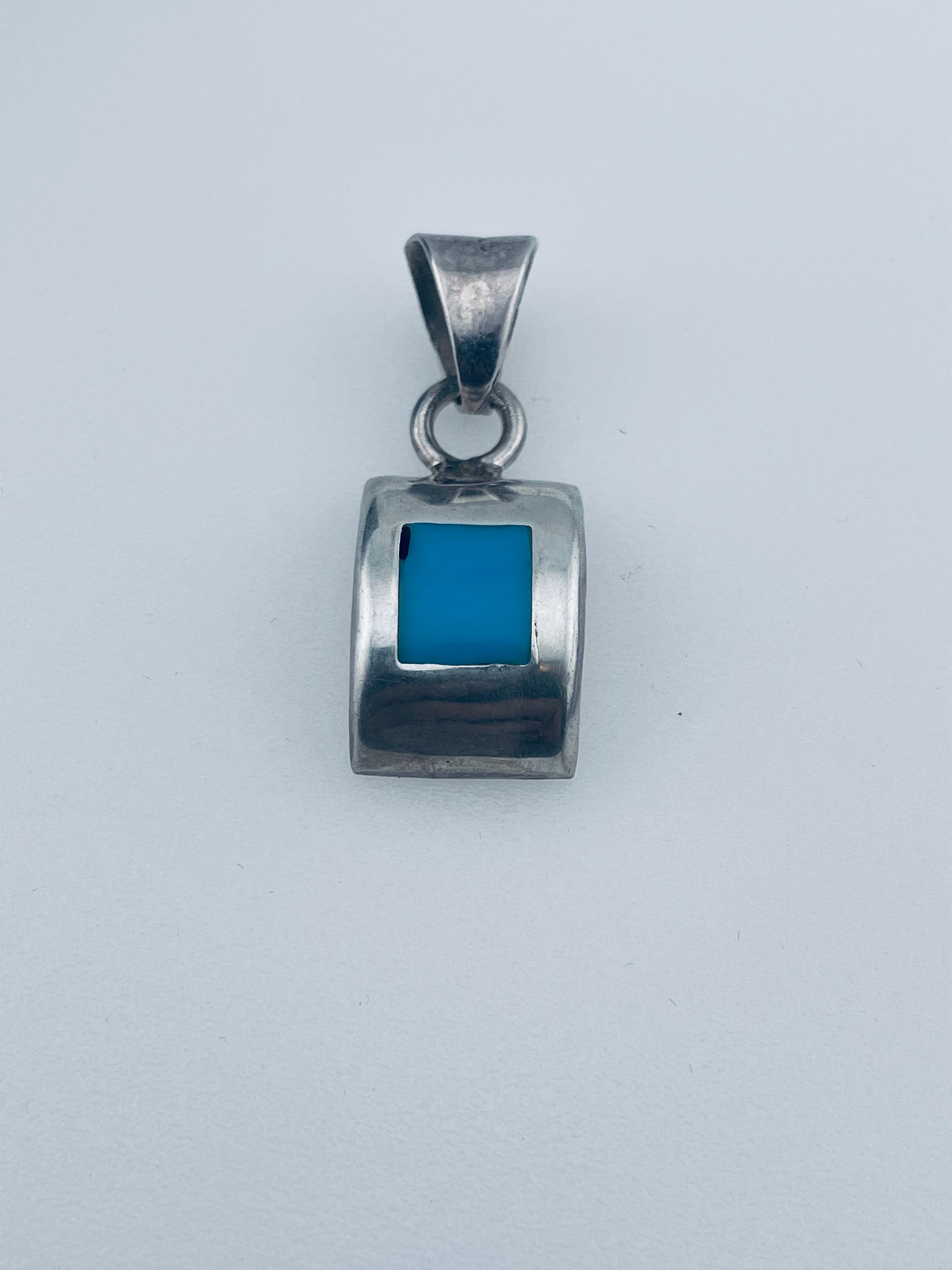 Pendentif Ancien En Argent Massif 925 Avec Turquoise - Breloque Vintage Style Moderniste