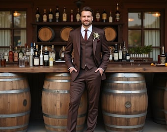 Custom Espresso Brown Wedding Suit | Men&#39;s Personalized Slim Fit Three-Piece Suit | Groom or Groomsman Attire for Elegant Formal Wear