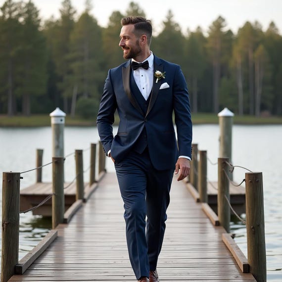 タキシード テーラードジャケット 結婚式 ネイビー スリーピース ネイビーブルーのタキシードスーツ：テーラードフィットの3ピース