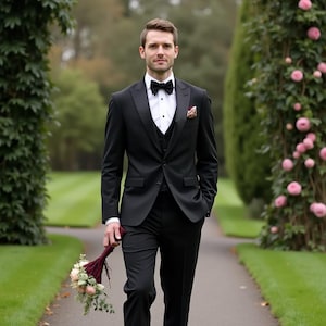 Men’s Black 3-Piece Tuxedo Suit | Wedding Groom Attire | Tailored Fit Formal Suit | Elegant Men’s Evening Suit | Designer Groom’s Suit