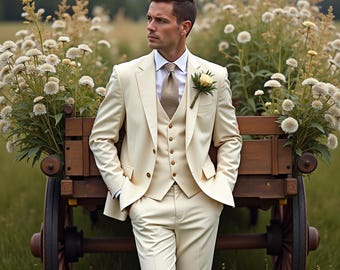 Men’s Ivory Cream 3-Piece Suit | Wedding Groom Attire | Tailored Fit Formal Suit | Elegant Cream Tuxedo | Designer Wedding Suit