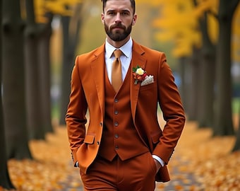 Custom Burnt Orange Wedding Suit | Personalized Men&#39;s Slim Fit Three-Piece Suit | Autumn Groom or Groomsman Attire