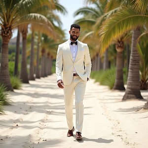 Men’s Ivory 3-Piece Suit | Beach Wedding Groom Attire | Tailored Fit Formal Suit | Elegant Ivory Tuxedo | Designer Summer Wedding Suit