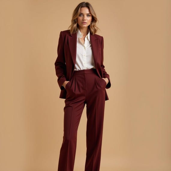 Costume femme marron poussiéreux personnalisé Blazer et pantalon - Main Image