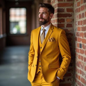 Men’s Mustard Yellow 3-Piece Suit | Wedding Groom Attire | Tailored Fit Formal Suit | Elegant Yellow Tuxedo | Designer Wedding Suit