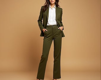 Custom Olive Green Women&#39;s Suit | Personalized Tailored Blazer & Pants Set | Elegant Business or Formal Wear