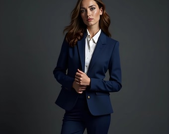 Custom Midnight Blue Women&#39;s Suit | Personalized Tailored Blazer & Pants Set | Elegant Business or Formal Wear