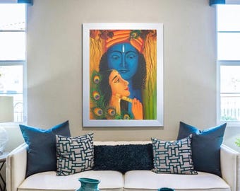 Divine love - Radha Krishna Painting, Original Handmade Acrylic Painting, Indian Art, Hindu God, Contemporary Indian wall and home Decor