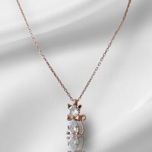 Cute Cat Necklace, Rose Gold Plated Sterling Silver, White Baguette Zircon Charm, Dainty Cat Lover Jewelry, Gift for Her