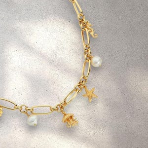 Ocean Treasure Charm Necklace, Gold Micron Plated Sterling Silver, Freshwater Pearls, Starfish Seahorse Seashell Jewelry